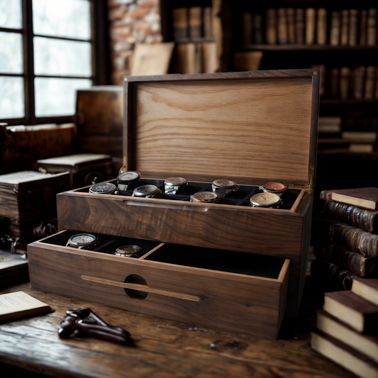 Watch Box with Drawer - Black Walnut and Oak - 12 to 16 Watch Compartments