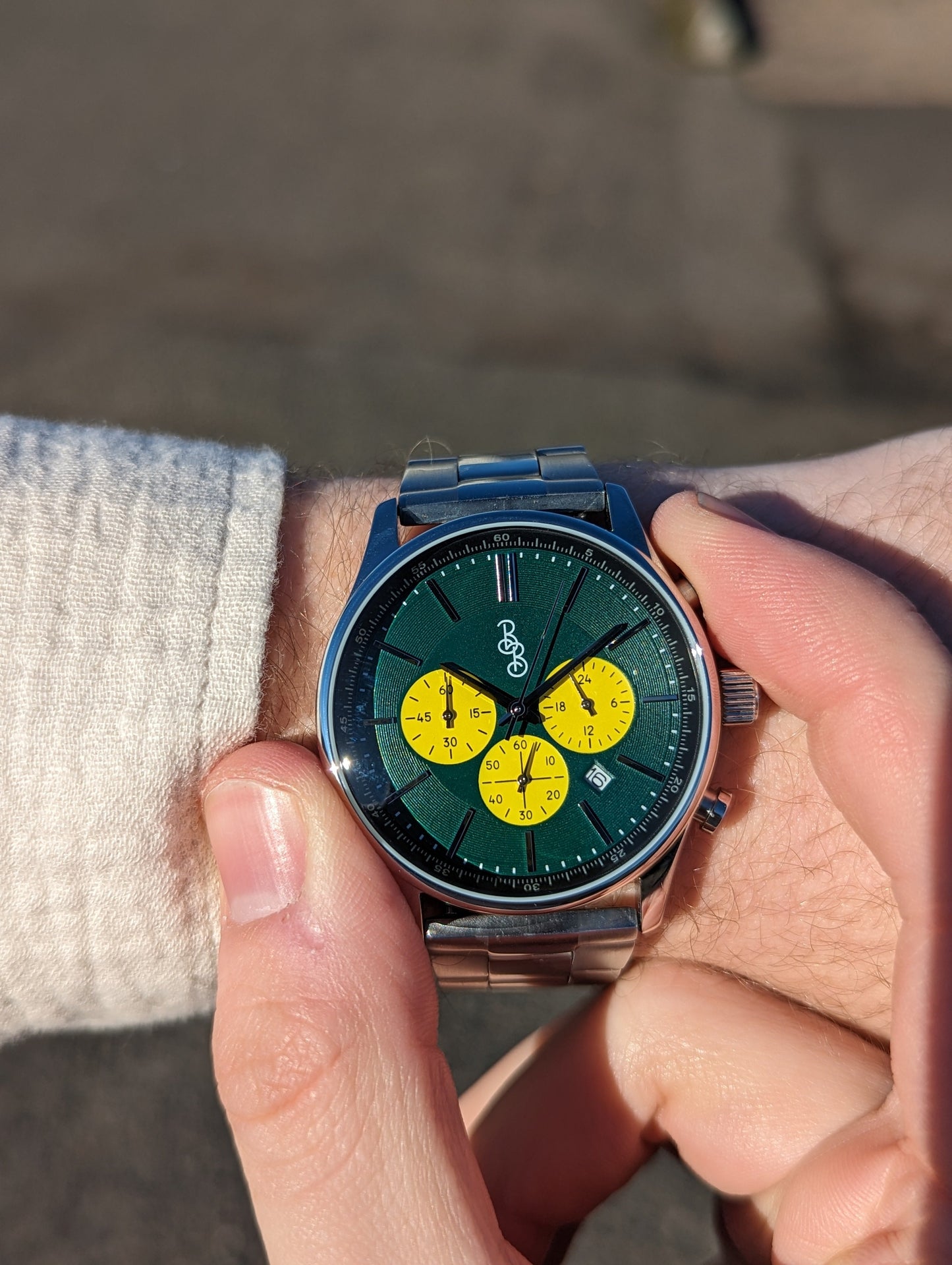 Green and Yellow Chronograph. The Beyond Boring Watch Co.