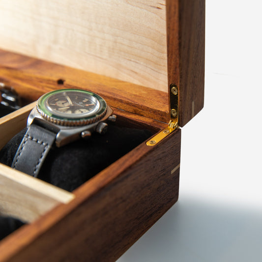 Watch Box - Desert Mesquite and Curly Maple - 8 Watch Compartments